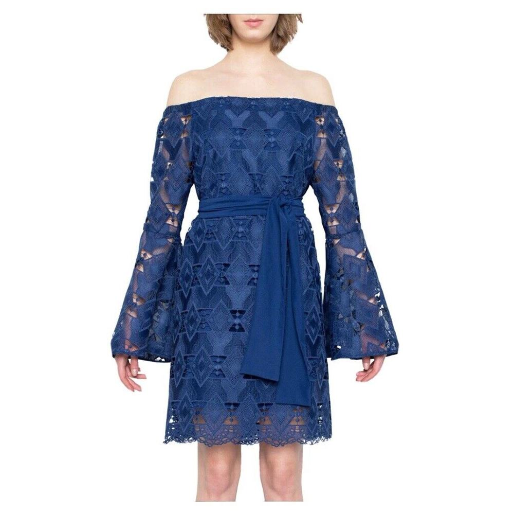 Wai Ming Women M Simona Dress Navy Blue Lace Bell Off Shoulder Bell Sleeve FLAW